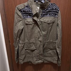 Mudd Utility Jacket – Olive Green w/ Tribal Knit Detail